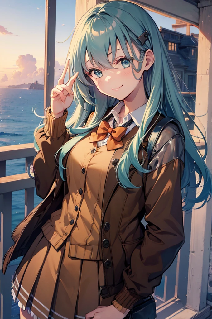 ((masterpiece)),(best quality),official art,extremely detailed CG,unity 8k wallpaper,ultra detailed,A lighthouse on a cliff by the sea,1girl,solo,upper body,(portrait:1.2),long_hair,brown_thighhighs,hairclip,hair_ornament,school_uniform,pleated_skirt,brown_skirt,cardigan,aqua_hair,aqua_eyes,brown_jacket,loafers,looking_at_viewer,black_footwear,bowtie,smile,frilled_skirt,ascot,