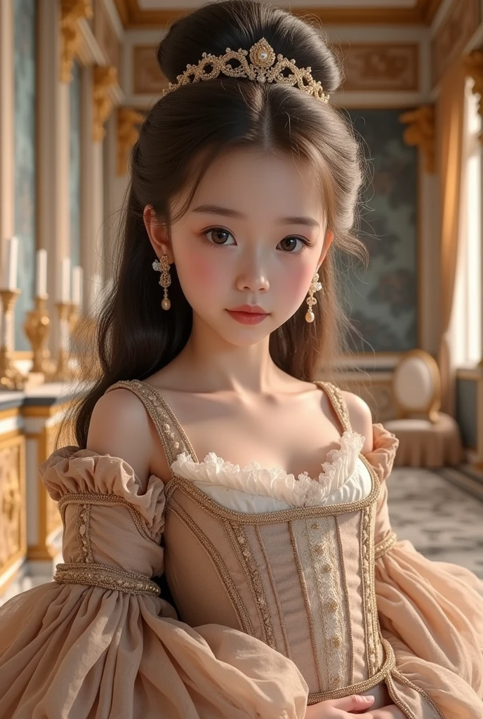 cute girl dressed as maria antoinette, palace of verlailles, realistic, serious face