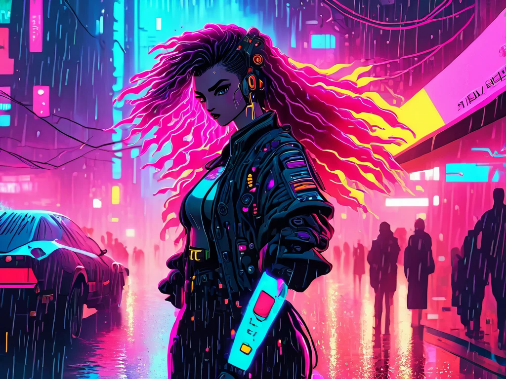 wave art style, A girl, rain, cyberpunk, 8k, highly detailed, sci fi