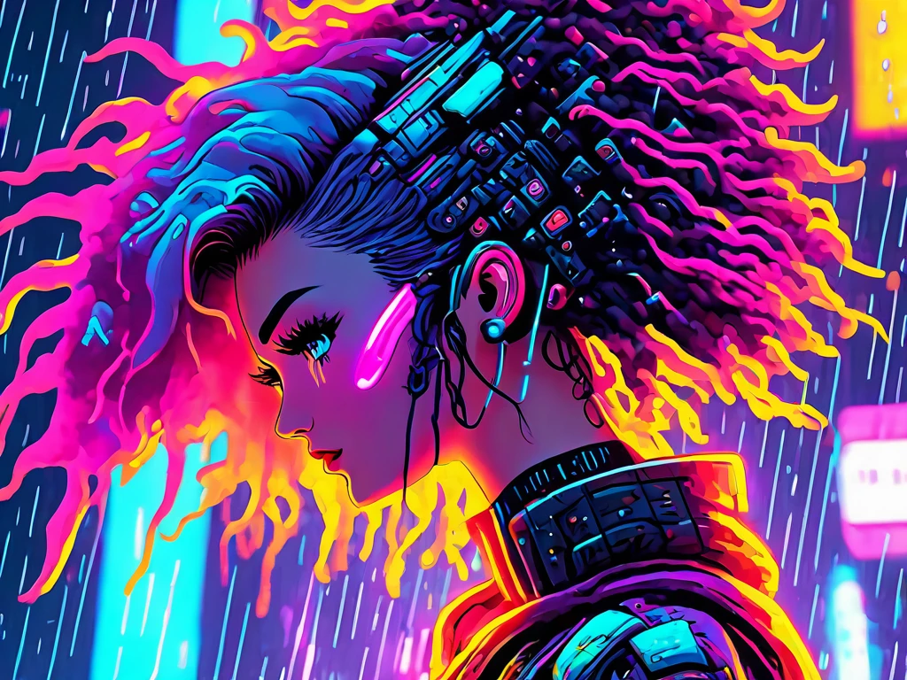 wave art style, A girl, rain, cyberpunk, 8k, highly detailed, sci fi