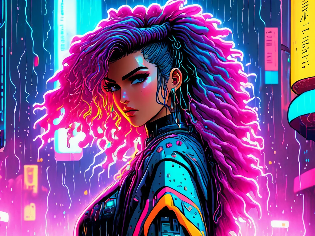 wave art style, A girl, rain, cyberpunk, 8k, highly detailed, sci fi