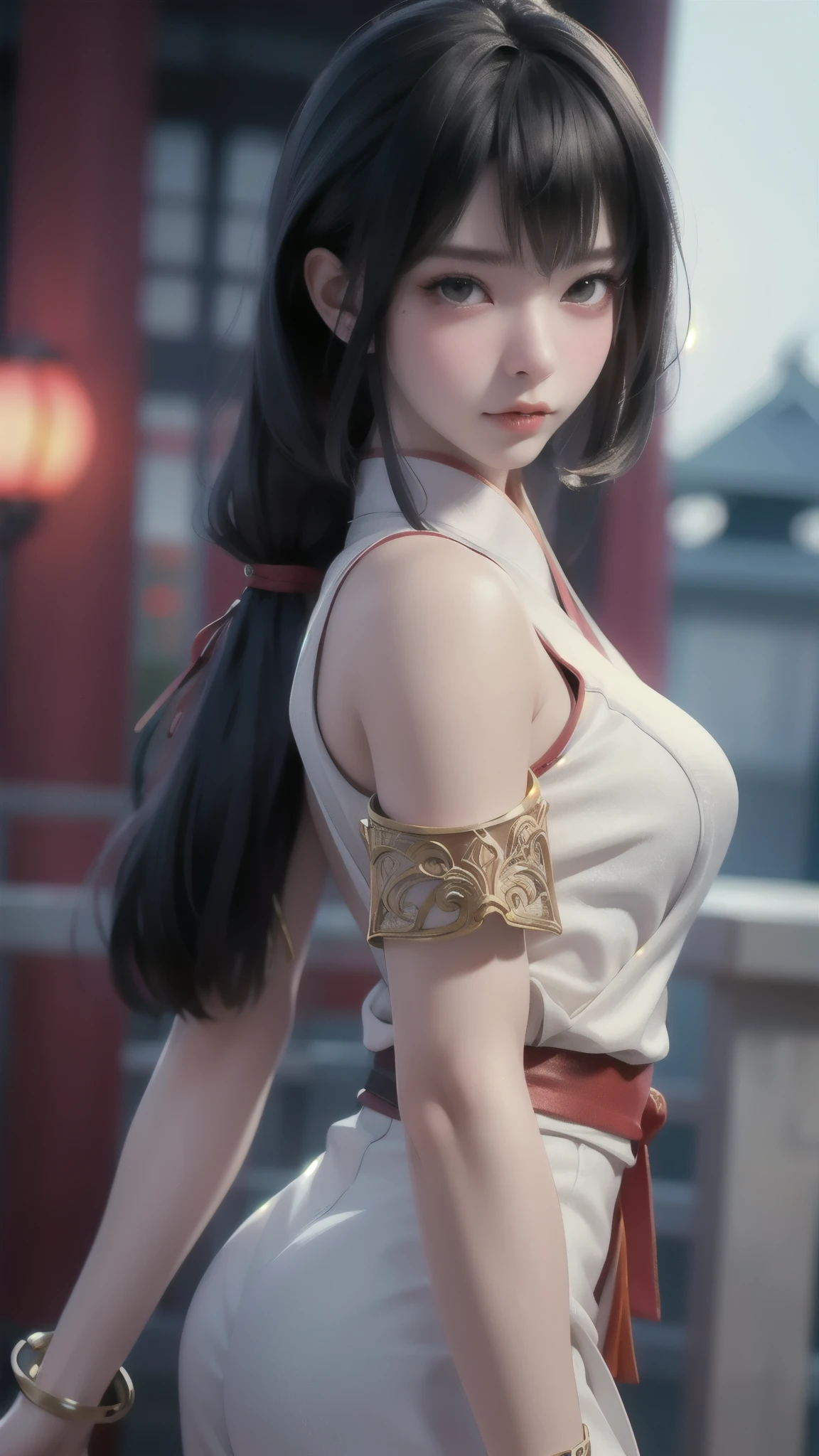 (8k, RAW photo, best quality, masterpiece:1.2), (realistic, photo-realistic:1.4),octane rendering, highres, ultra-detailed, extremely detailed, depth of field, a beautiful woman ,hanfu,ancient architecture,sharp eyes,shiny eyes,shiny skin,armlets,random pose,dynamic angle,backlighting:1.4,white skin:1.6,fair skin,seductive expression:1.4,The overall composition should have the focus on the character's appearance, felsa