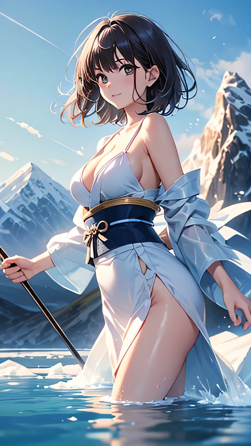 (((best quality))),((ultra-detailed))the picture is an image of a woman dressed in an asian style dress, breasts, flower, outdoors, cleavage, large breasts, mountain, hair ornament, thighhighs, hair flower, braid, long hair