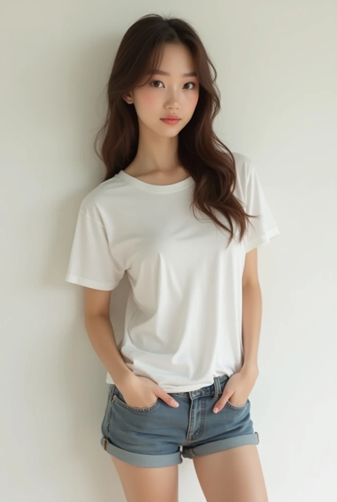 Japanese girl, beautiful, cute, 18 years old, 160 cm height, skinny, white t-shirt and jeans, in a garage,