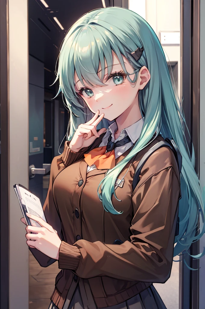 ((masterpiece)),(best quality),official art,extremely detailed CG,unity 8k wallpaper,ultra detailed, girl clutches viewer arm, school corridor,1girl,solo,upper body,(portrait:1.2),long_hair,brown_thighhighs,hairclip,hair_ornament,school_uniform,pleated_skirt,brown_skirt,cardigan,aqua_hair,aqua_eyes,brown_jacket,loafers,looking_at_viewer,black_footwear,bowtie,smile,frilled_skirt,ascot,