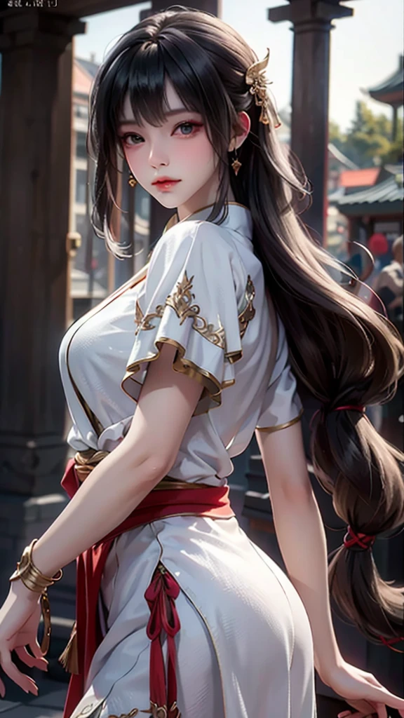 (8k, RAW photo, best quality, masterpiece:1.2), (realistic, photo-realistic:1.4),octane rendering, highres, ultra-detailed, extremely detailed, depth of field, a beautiful woman ,hanfu,ancient architecture,sharp eyes,shiny eyes,shiny skin,armlets,random pose,dynamic angle,backlighting:1.4,white skin:1.6,fair skin,seductive expression:1.4,The overall composition should have the focus on the character's appearance, felsa