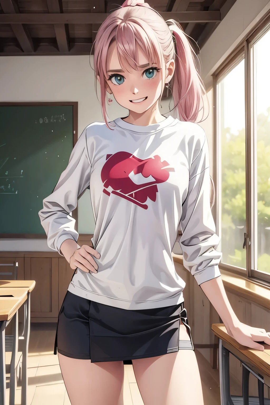 masterpiece， high quality, 最 high quality,  very young very ，1 person，Elita, Pink Hair， short hair， Side Ponytail ，green eyes， Very short stature， full bust ，Very thin thighs，Very small ass，I'm wearing a long-sleeved oversized white printed t-shirt and a short blue miniskirt、  hair tied in a ponytail  ， She's talking to her classmates during class ， cowboy shot, [ Dynamic Poses , Shadows of Lights , Blurred Background , Realistic， perfect face， expressive eyes，Autumn leaves，