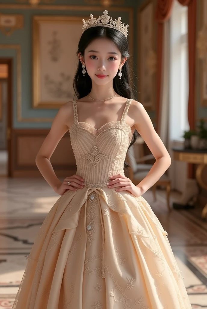 photorealistic portrait of Dressed girl - a  princess, ,(full body image:1.5),(elegant pose:1.5) Wearing luxury sack-back gown,(wearing luxury tiara),(hands on hips:1.5), Old-fashioned luxury loyal dress, detailed and opulent description of a loyal aristocratic sack-back gown in Rococo , emphasizing luxurious fabrics, intricate embroidery, and ornate accessories, Rococo style king palace  background,(looking at viewer:1.5),score_9, score_8_up, score_7_up, score_6_up, score_5_up, score_4_up,