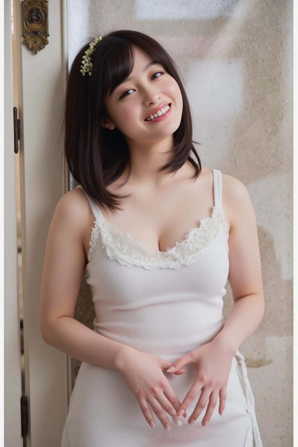 She is in a pose wearing a sexy camisole, making a firm big heart shape with both hands, and holding it in front of her chest, Close-up of a smiling face

