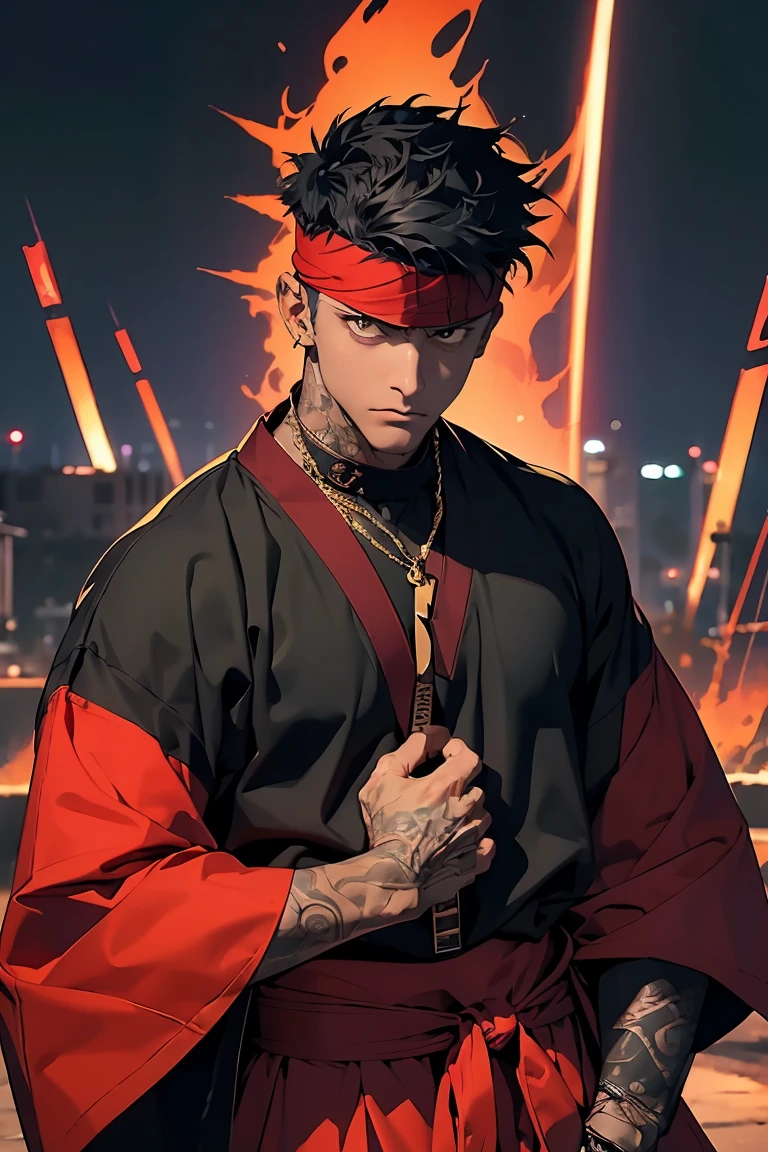 highest quality, 8K, high resolution image, anime style Jujutsu Kaisen, (Angra Mainyu/Fate Hollow Ataraxia), dark skin, (black tattoos) sword master, detailed strokes, bored look, blurry, purple light reflecting from it, 1 man , young, male, strong man, trained man, cool guy, multicolored background with different geometric shapes, around stickers, muscular, black hair, yellow eyes, spiky hair, furry hair, red bandana, black bandages, swollen chest. He wears a striking red kimono top with intricate black patterns and a dramatic collar for an added touch of authenticity. Matching red hakama trousers with faux leather waistband and leg band as an unusual detail., holds a katana in his hand, swordsman pose, gold link chain, background: city, Tokyo, business district, he is a swordsman,
