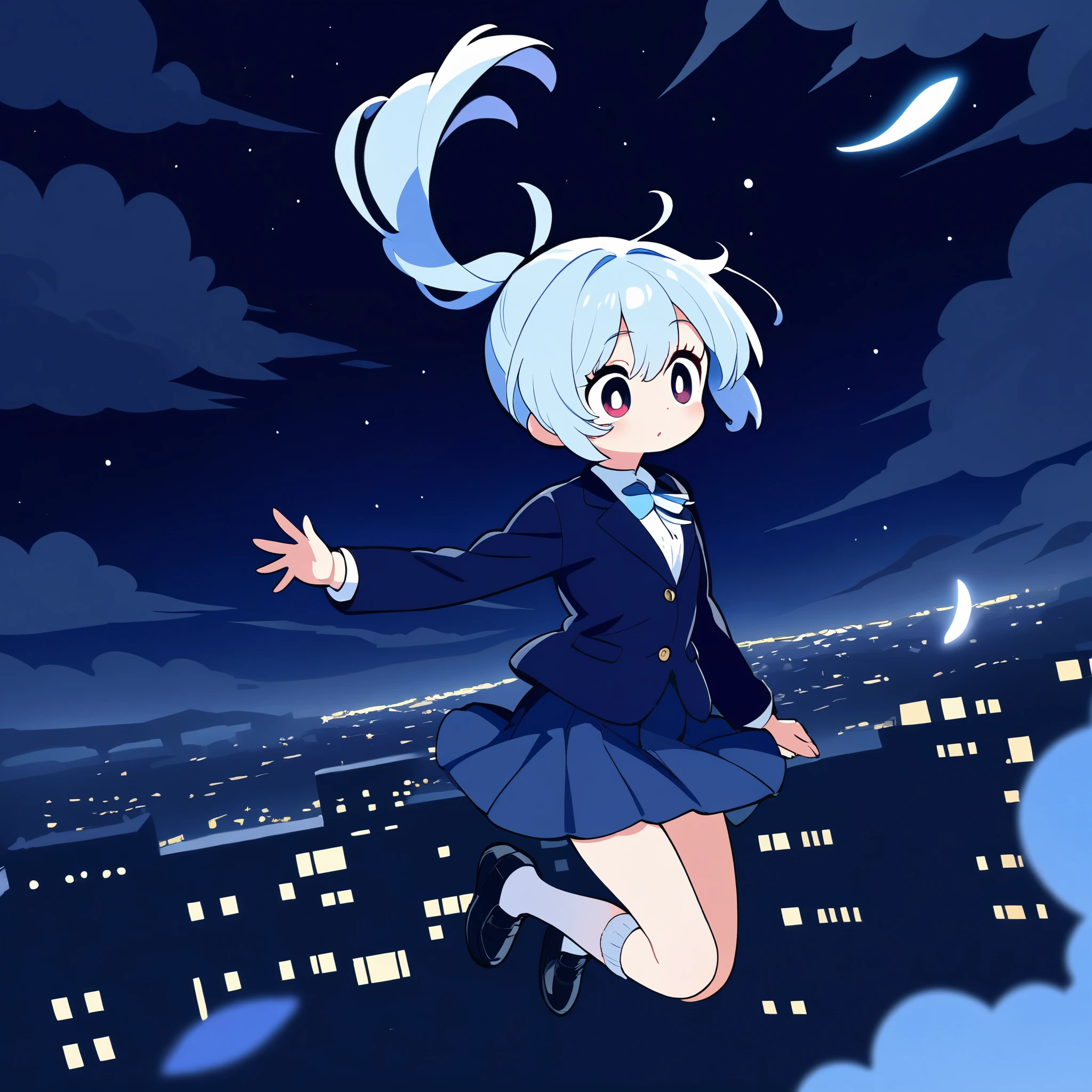 ((Top Quality)), ((Masterpiece)), A girl with light blue hair and a ponytail. She is wearing a navy blue blazer and navy blue knee-length skirt. Big eyes, short white socks, black shoes. Flying in the sky. night.