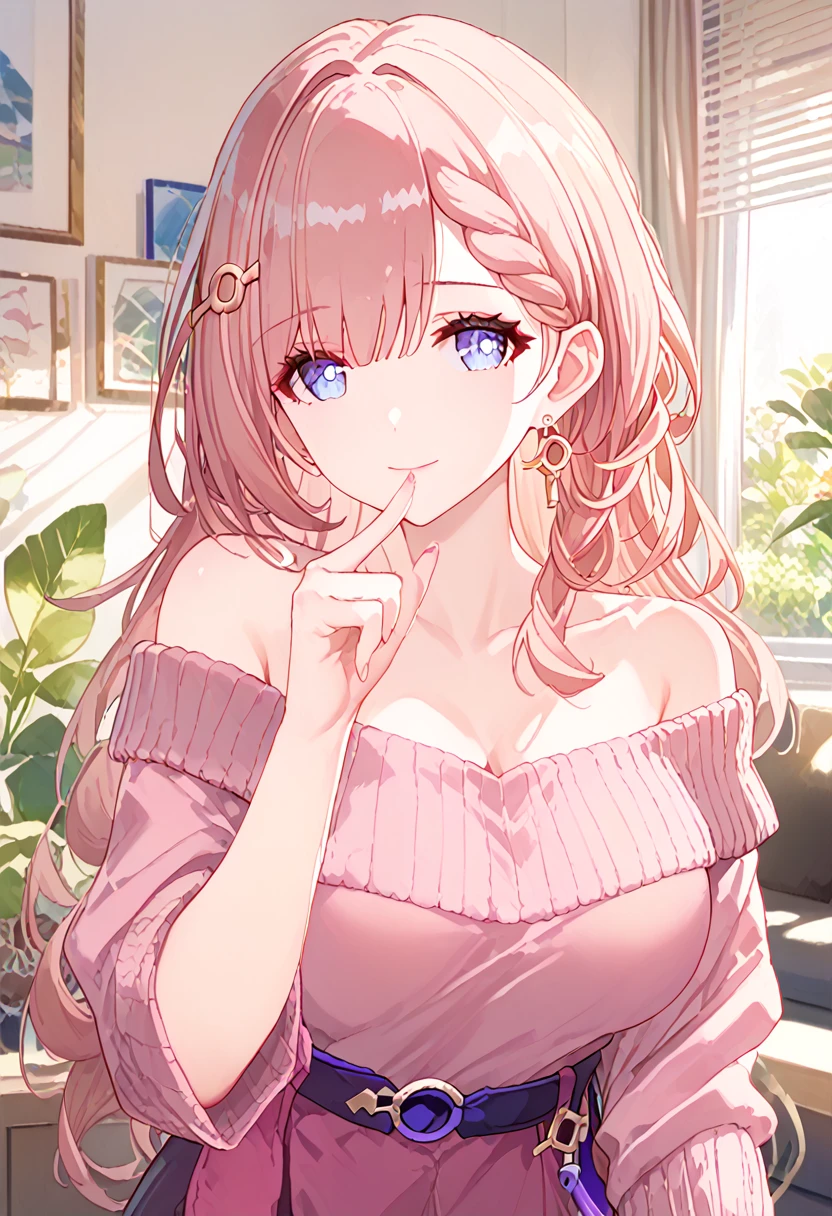 this,honkai star rail, 1 girl, female teacher, Mature Woman, Long Hair,  shiny hair ,   Sparkling Skin  ,Maternal smile,  closed mouth, Large Breasts,  clevis,  off-the-shoulder pink sweater,  upper body,  fingers in the mouth, five fingers,Peering posture, living room,