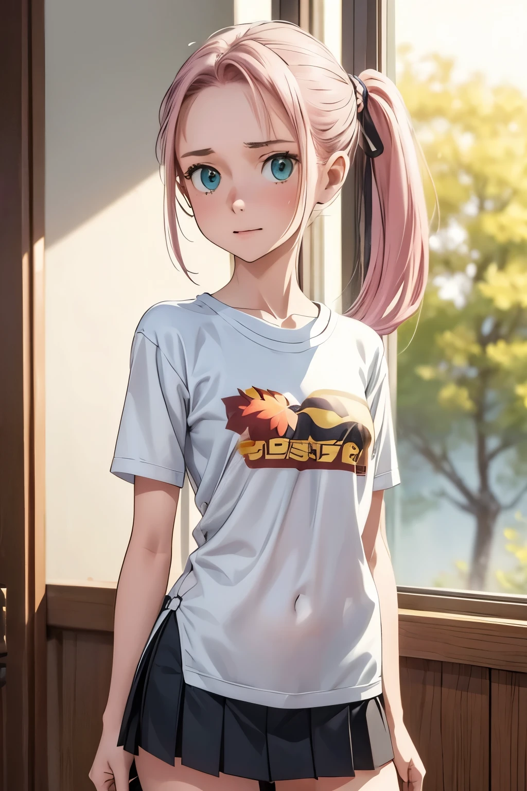 masterpiece， high quality, 最 high quality,  very young very ，1 person，Elita-chan ，Pink Hair， short hair， Side Ponytail ，green eyes， Very short stature， toddler figure ， very flat breasts， very thin thighs ，Very small ass，I'm wearing a long-sleeved oversized white printed t-shirt and a short blue miniskirt、  hair tied in a ponytail  ， She's talking to her classmates during class ， cowboy shot, [ Dynamic Poses , Shadows of Lights , Blurred Background , Realistic， perfect face， expressive eyes，Autumn leaves，