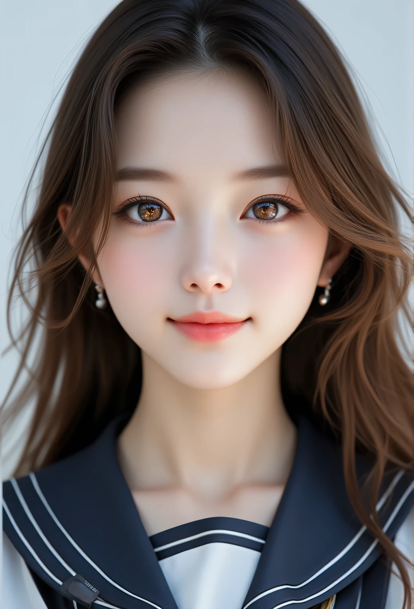 (super cute young face:1.3),(sparkling clear attractive large glowing eyes:1.5), (japanese idol face:1.5),very beautiful cute girl,(baby face:1.4),exquisite smooth and silky long brown straight hair,fair skin,(happy cheerful smile),professional portrait,(super shiny metallic dark blue sailor high-school uniform :1.3),pearl white school blouse,(white bow tie:1),(super shiny metallic dark blue pleated mini skirt :1.1),happy cheerful smile,body shot,very thin natural makeup 