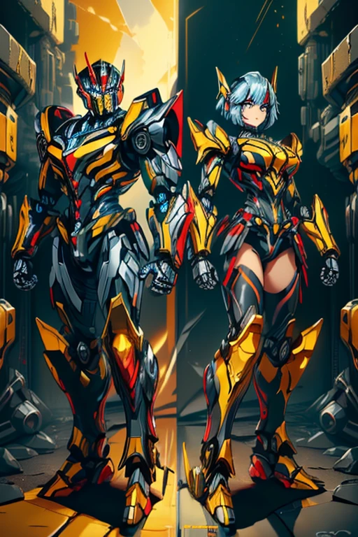 masterpiece, male, robot, blue eyes, robot body, robot head, Transformers, (((1boy))), (((yellow metal body armor with red and black trim))), (black metal helm), (black shoulder guards), (silver metal arms), (black metal legs), long legs, smiling