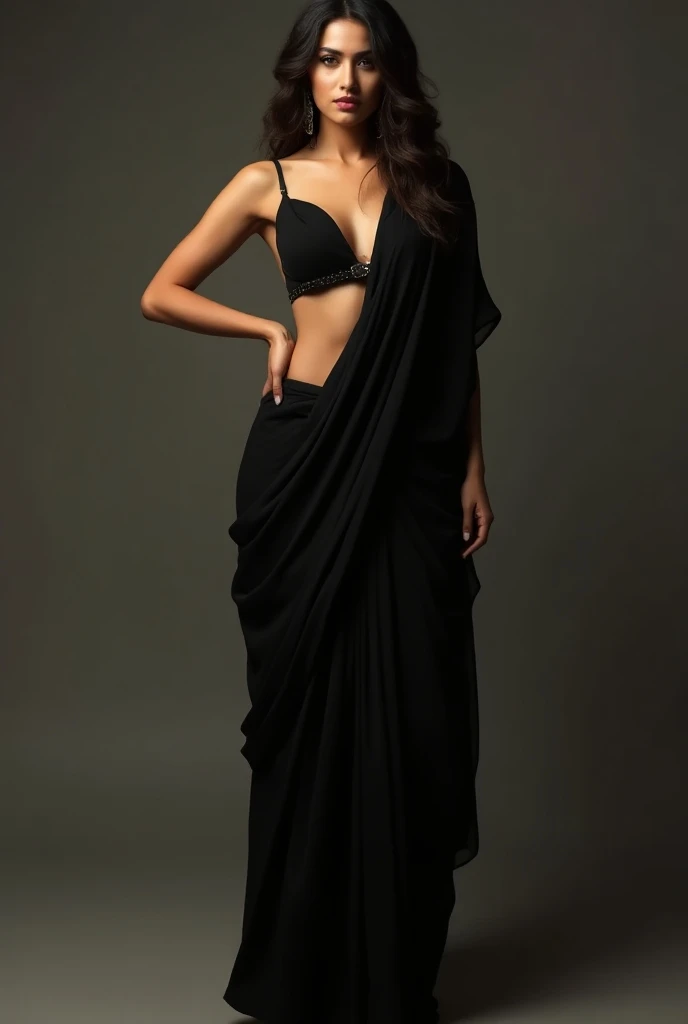 A beautiful woman standing, wearing black sari, pale skin, smooth pale skin, skin tune pink, perfect body, detailed body,((round big breast, small titts, big hips)), full body, white hair, ponytail hair, cute face, detailed face, high quality, HD, very detailed