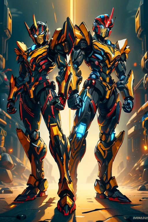 masterpiece, male, robot, blue eyes, robot body, robot head, Transformers, (((1boy))), (((yellow metal body armor with red and black trim))), (black metal helm), (black shoulder guards), (silver metal arms), (black metal legs), long legs, smiling