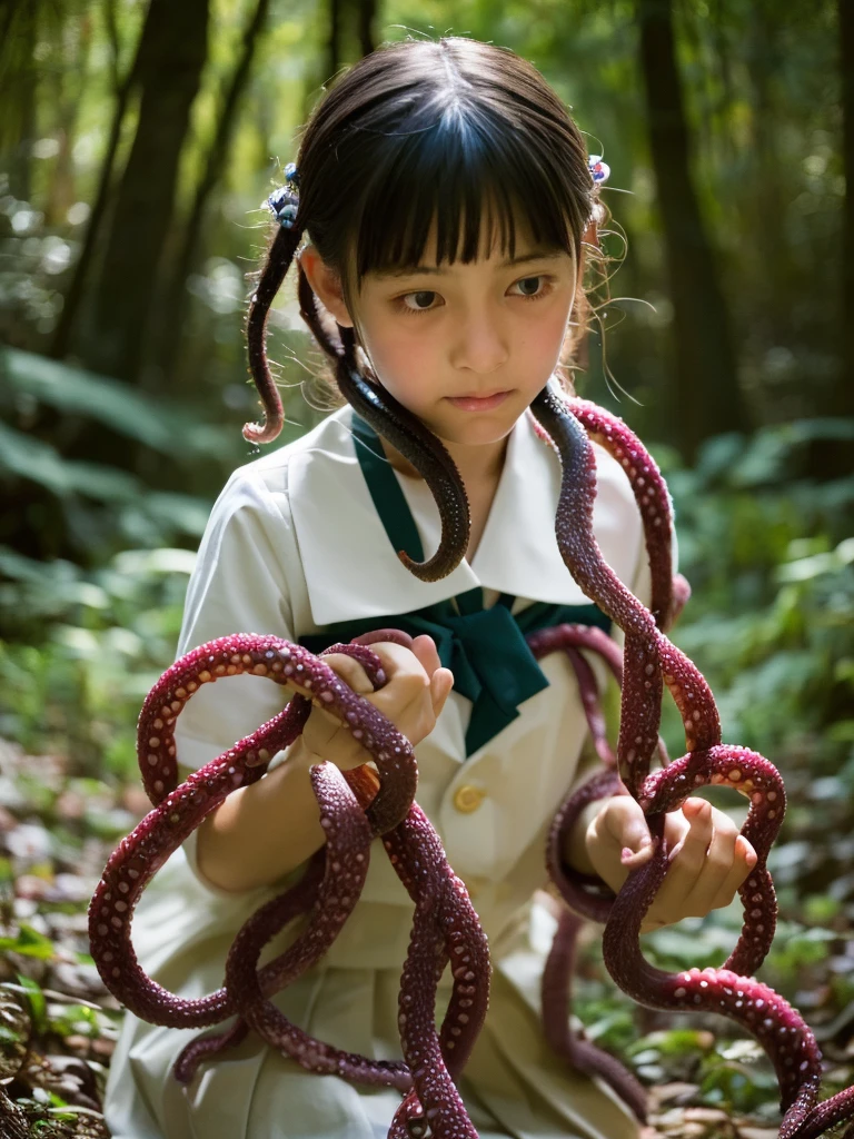 ((highest quality, masterpiece :1.3)),  photorealistic、 ultra high resolution、 Natural Skin Textures 、 Hyperrealism 、Ultra close-up、A beautiful nine-year-old Japanese girl、Small breasts、Japanese student uniform、 crying expression in the forest in the morning、Being sexually attacked by tentacles、 bound by tentacles 