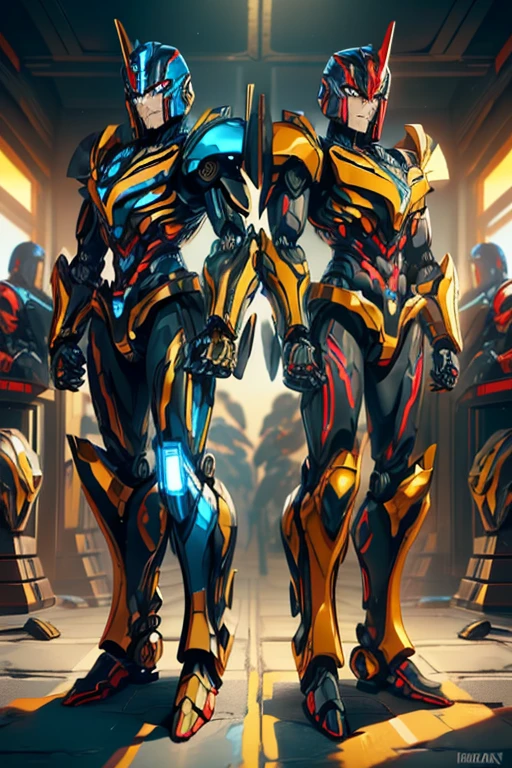 masterpiece, male, robot, blue eyes, robot body, robot head, Transformers, (((1boy))), (((yellow metal body armor with red and black trim))), (black metal helm), (black shoulder guards), (silver metal arms), (black metal legs), long legs, smiling