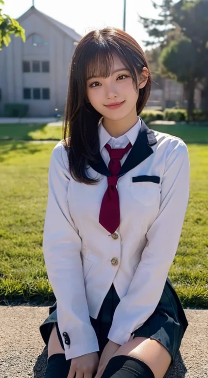 ((masterpiece)), japanese, (a girl), (18 years old), (((school uniform))), smiling, a park, dark blue knit vest, (crouch down on grass), (view from front), blue sky, thighs, 