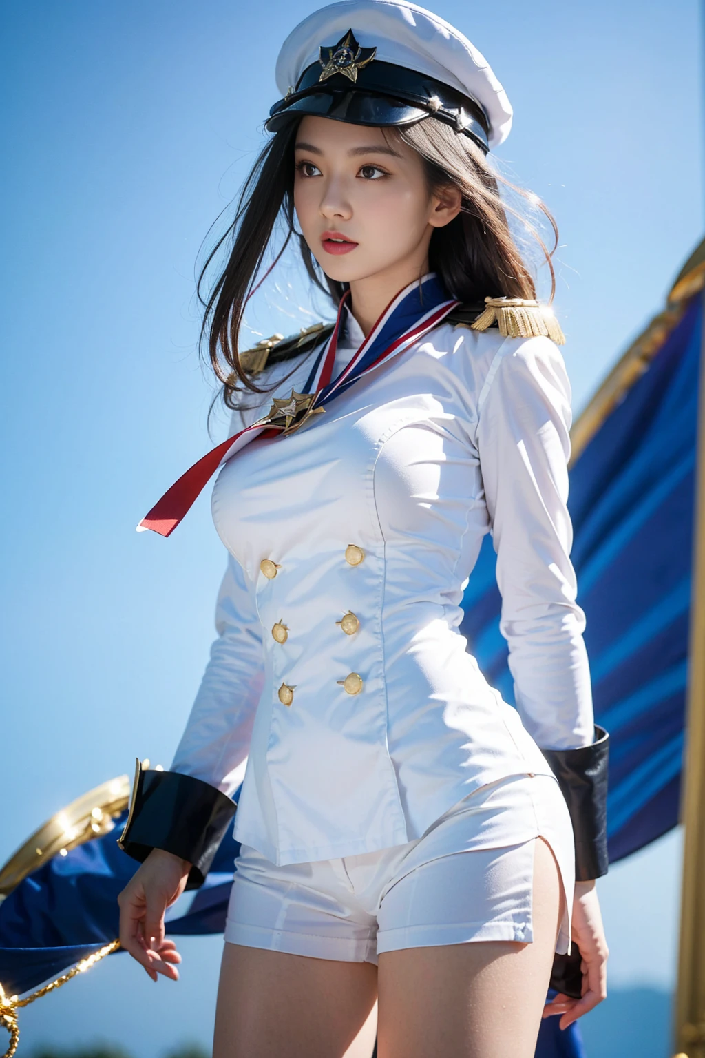 (8k, 4k, best quality, highres, ultra high res:1.1), (masterpiece, realistic, photo-realistic:1.1), 1girl, a young woman, an Asian woman, an elite female captain who is dignified and exudes an aura of leadership, her hair is neatly tied back and decorated with a medal of honor, wearing a white military uniform with gold and blue accents, white shorts, wearing a dashing captain's hat, sharp gaze, (looking at viewers) 