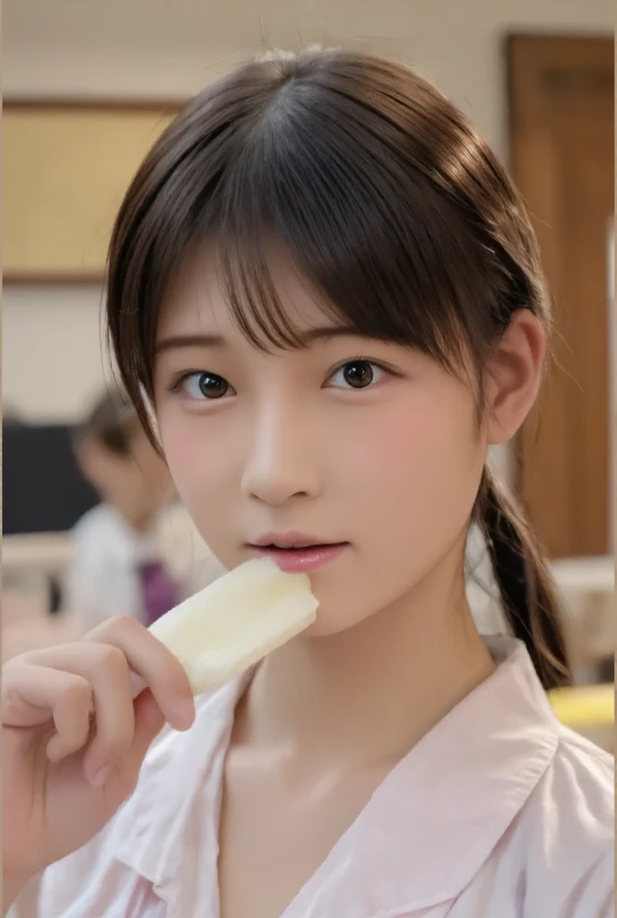 "Create a close-up, realistic image of a cute Japanese girl with a small beauty mark near her mouth, gently smiling with charming yaeba (slightly visible canine teeth) as she licks a white, bar-shaped ice candy. Her expression is slightly unfocused, with almond-colored eyes that lack a fixed gaze, adding a dreamy or distant quality to her look. She has her hair styled in twin tails, and she is wearing a light pink yukata adorned with delicate floral patterns, enhancing her soft and youthful appearance. The background is a traditional Japanese-style room (washitsu) featuring tatami mats, a hanging scroll (kakejiku) on the wall, and a decorative Japanese katana, creating an authentic and serene atmosphere. The lighting is warm and soft, casting a gentle glow over the scene."