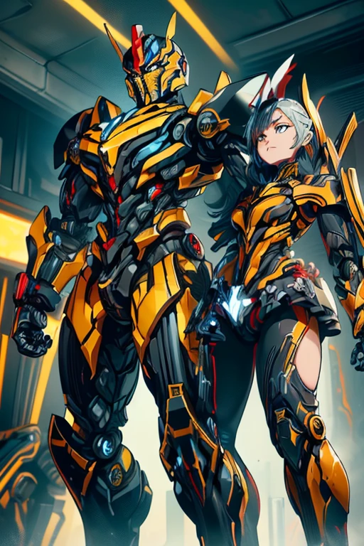 masterpiece, male, robot, blue eyes, robot body, robot head, Transformers, (((1boy))), (((yellow metal body armor with red and black trim))), (black metal helm), (black shoulder guards), (silver metal arms), (black metal legs), long legs, smiling