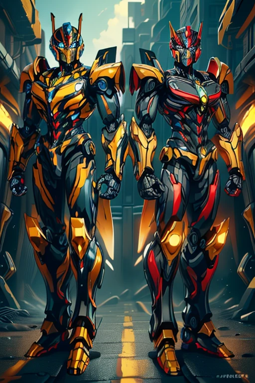 masterpiece, male, robot, blue eyes, robot body, robot head, Transformers, (((1boy))), (((yellow metal body armor with red and black trim))), (black metal helm), (black shoulder guards), (silver metal arms), (black metal legs), long legs, smiling