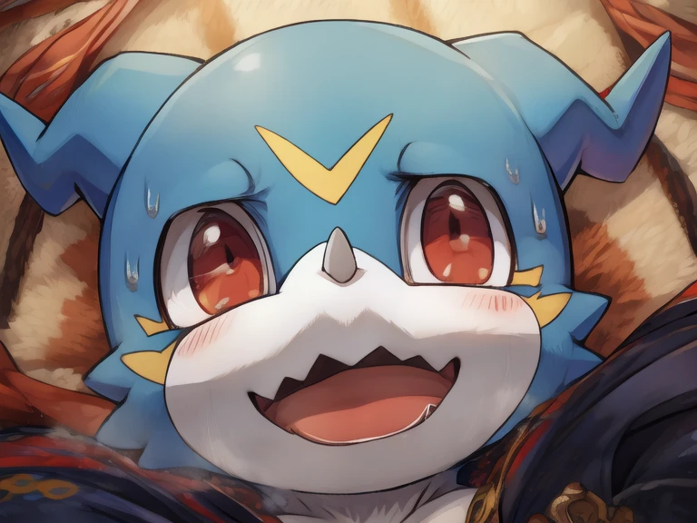 veemon(Digimon)、High image quality、high quality、Cute、In good health、In anime style、The body is light blue all over、 Soft 腕、 Soft 脚、 Soft 、My body is small 、A little bit chubby、Panting face、Nipples、semen、sweat、sweat臭く、大量のsweat、Heat、full body、wizard、Big cock、