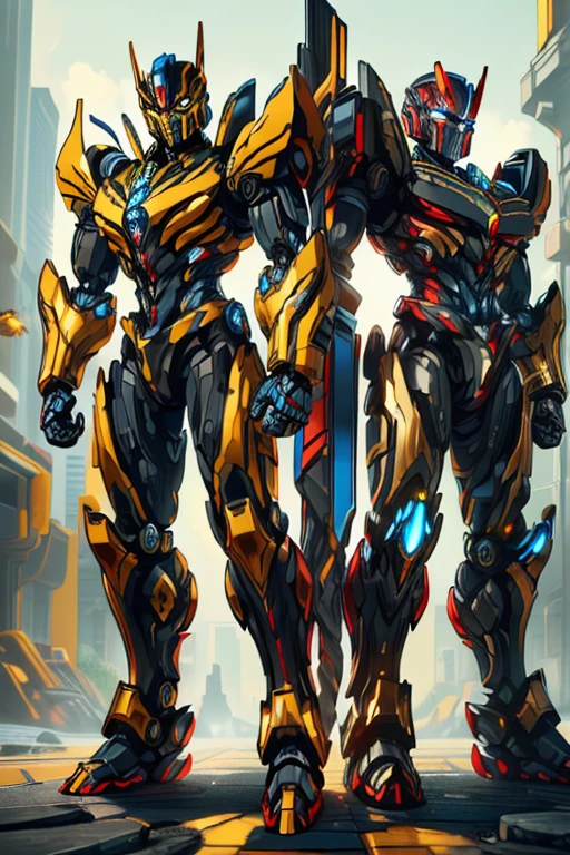 masterpiece, male, robot, blue eyes, robot body, robot head, Transformers, (((1boy))), (((yellow metal body armor with red and black trim))), (black metal helm), (black shoulder guards), (silver metal arms), (black metal legs), long legs, smiling