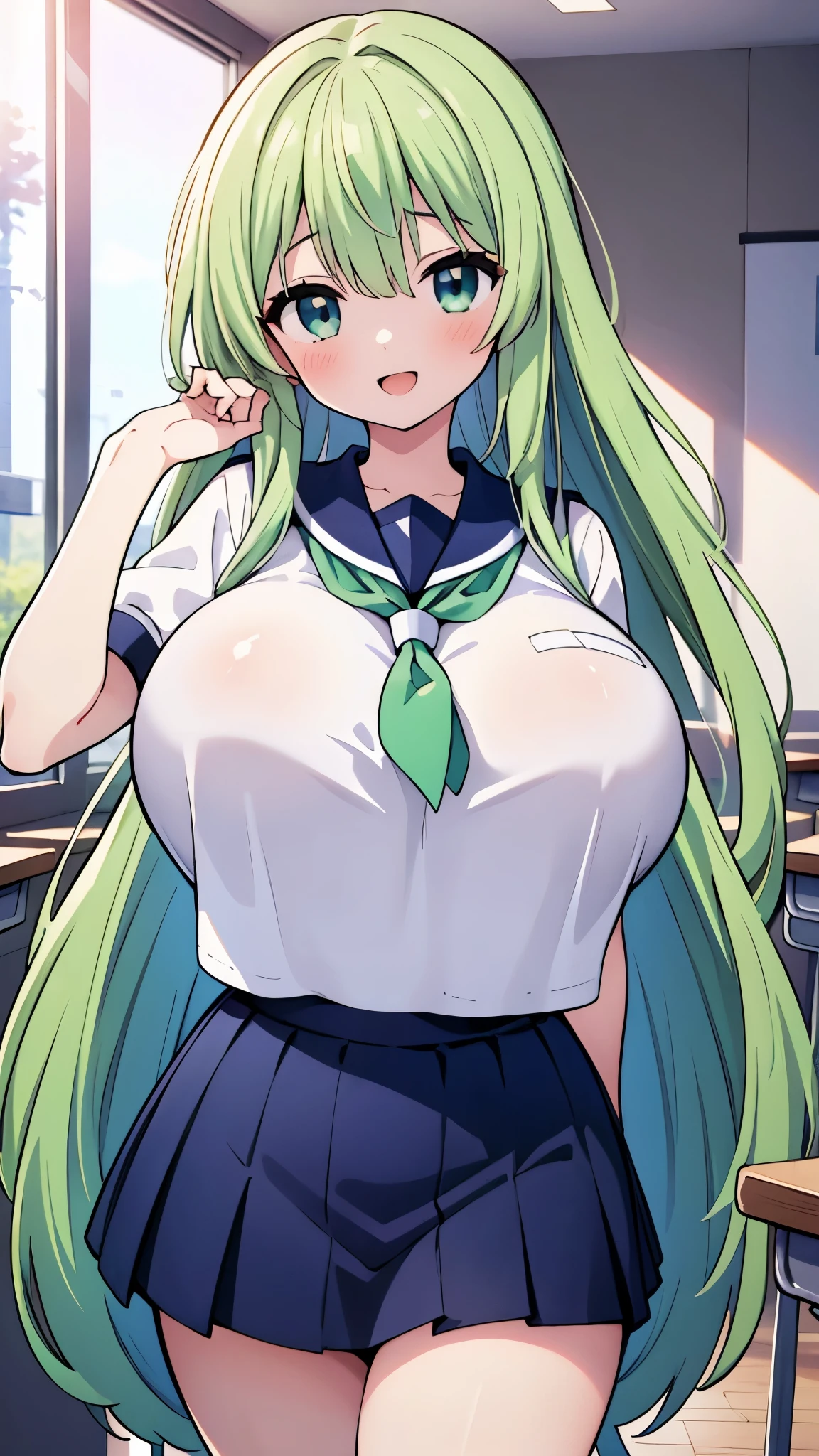 ((A Pretty high school girl with super colossal breasts wearing the sailor suit)), short sleeves, ((wearing the navy skirt)), Baby face, ((top-quality, master piece, ultra-definition, high resolution)), anime girl, ((ultra-detailed illust:1.2)), only one girl, bangs, hair between eye, beautiful hair, green hair, Shiny eyes, highlights on the eyes, ((detailed eyes:1.2)), ((super gigantic breasts:1.3)), huge tits, boob tent, Detailed clothing wrinkles, shiny thighs, Big smile, enjoyed, laughing, in the classroom