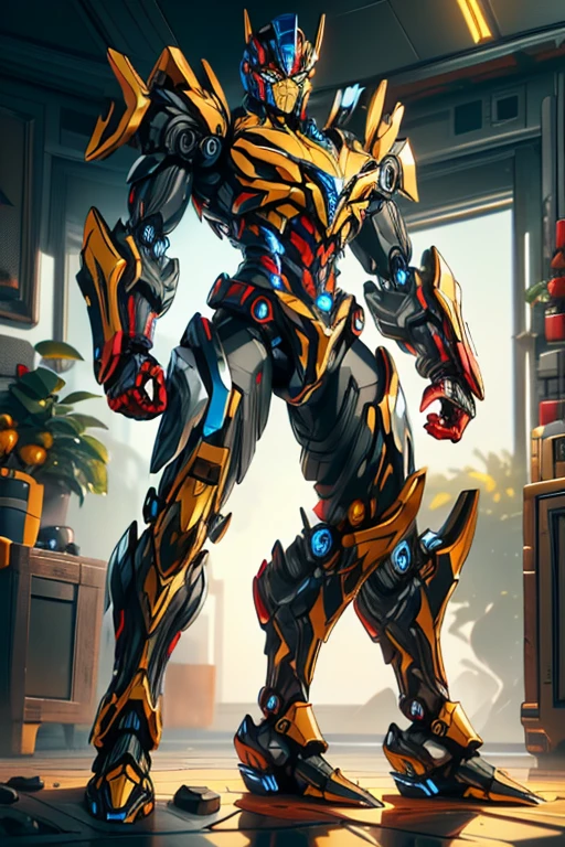 masterpiece, male, robot, blue eyes, robot body, robot head, Transformers, (((1boy))), (((yellow metal body armor with red and black trim))), (black metal helm), (black shoulder guards), (silver metal arms), (black metal legs), long legs, smiling