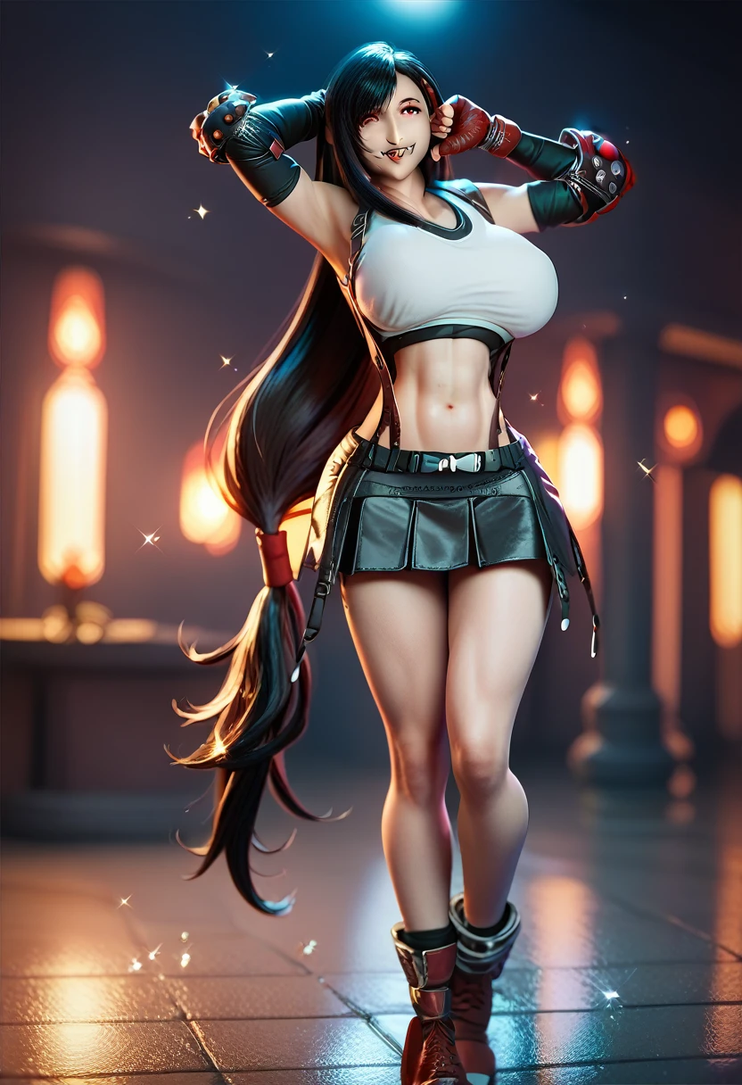  woman、Tifa、Tifa lockhart, Long Black Hair 、 Red Eyes、(vampire girl:1.5),smile、Huge breasts、 firm stomach 、Belly button、Long legs,standing,glamor、