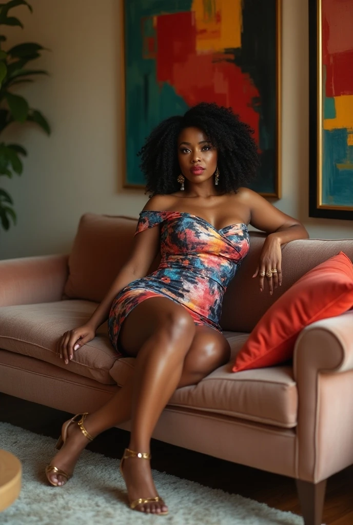 best quality, ultra-detailed, hyper realistic, 8k, full body shot, 23 years old, Nigerian beautiful girl, round shaped face, dark black skin, highly detailed skin with blemishes, ebony, dark natural afro hair, fit athletic figure, full body, big E cup breasts, wearing sexy black dress, cleavage, smiling, provocative expression, sexy alluring pose, balcony, realistic skin