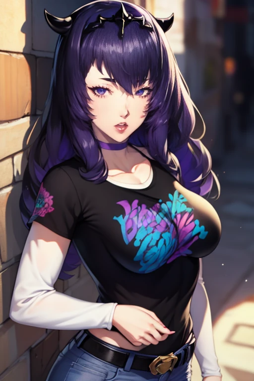 defCamilla, tiara, purple hair, 1girl, solo, standing, black t-shirt, white shirt, blue jeans, belt, lipstick, large breasts