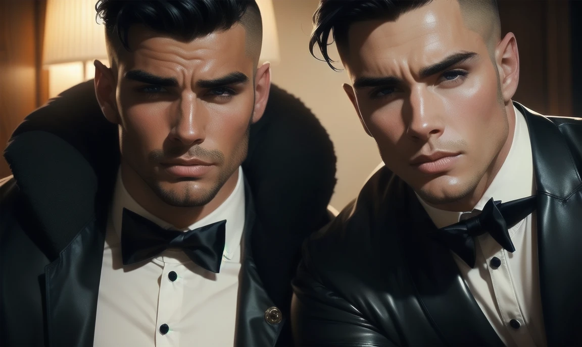 2 men, aged early 30s, each has a unique appearance. An angel and a devil who look like normal albeit incredibly gorgeous human men. classy and well-dressed. looking at you and trying to seduce you.