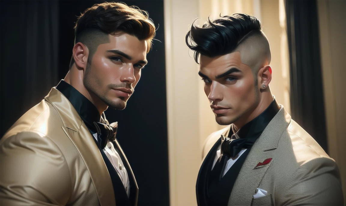 2 men, aged early 30s, each has a unique appearance. An angel and a devil who look like normal albeit incredibly gorgeous human men. classy and well-dressed. looking at you and trying to seduce you.