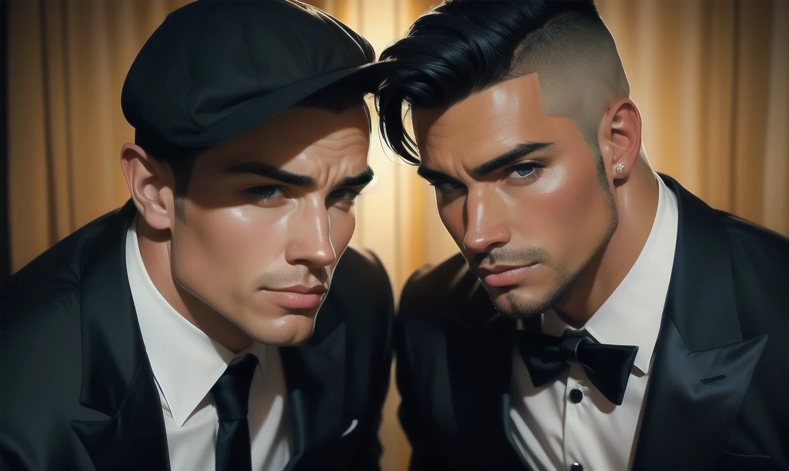 2 men, aged early 30s, each has a unique appearance. An angel and a devil who look like normal albeit incredibly gorgeous human men. classy and well-dressed. looking at you and trying to seduce you.