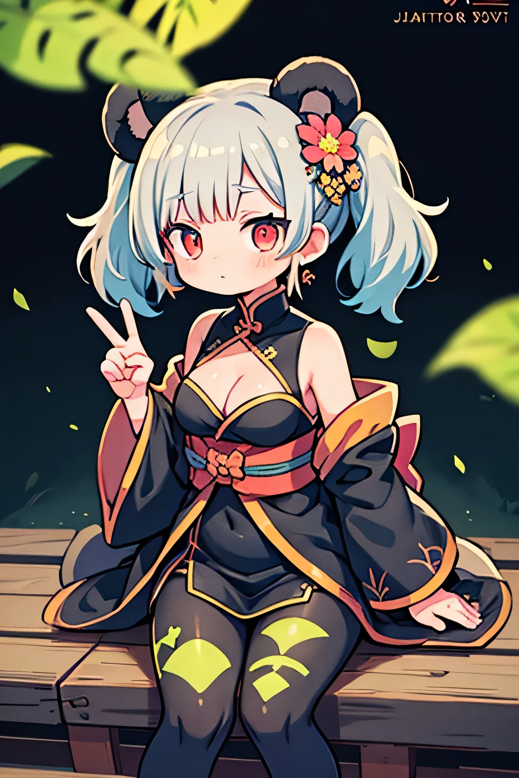 Leaning forward, an anime is posing on a wooden deck and holding her hand out gesturing, japanese clothes, solo, flower, hair ornament, jewelry, hair flower, breasts, earrings, brown hair, looking at viewer, floral print, red eyes, outdoors, bangs, kimono, skirt, choker, day, thighs, blush, wide sleeves, closed mouth, \beautiful composition, cinematic lighting, extremely detailed, 8k, cinematic postprocessing, {{bad fingers, bad-anatomy, missing-fingers}}, {{signature, watermark, username, artist name}}, {{retro style, poor-quality }}, Maximum Facial Detail, Maximum Detailed Texture, Maximum Detailed Shadow, Maximum Detailed Background, bioluminescence, character focus, depth of field, glowing particles, glowing, reflection, green theme, 1girl, feater \(arknights\), panda ears, silver hair, multicolored hair, twintails, eyewear on head, hair over one eye, jacekt, off shoulder, sleeveless, china dress, black dress, clothing cutout, cleavage cutout, gradient pantyhose, pantyhose