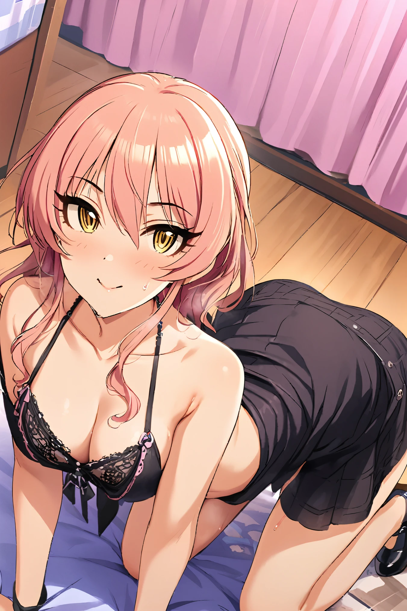 NSFW,masterpiece,Best Quality, Kampala, very detailed ,Mika Jougasaki \( The Idolmaster Cinderella Girls\),Pink Hair、 yellow eyes, casual