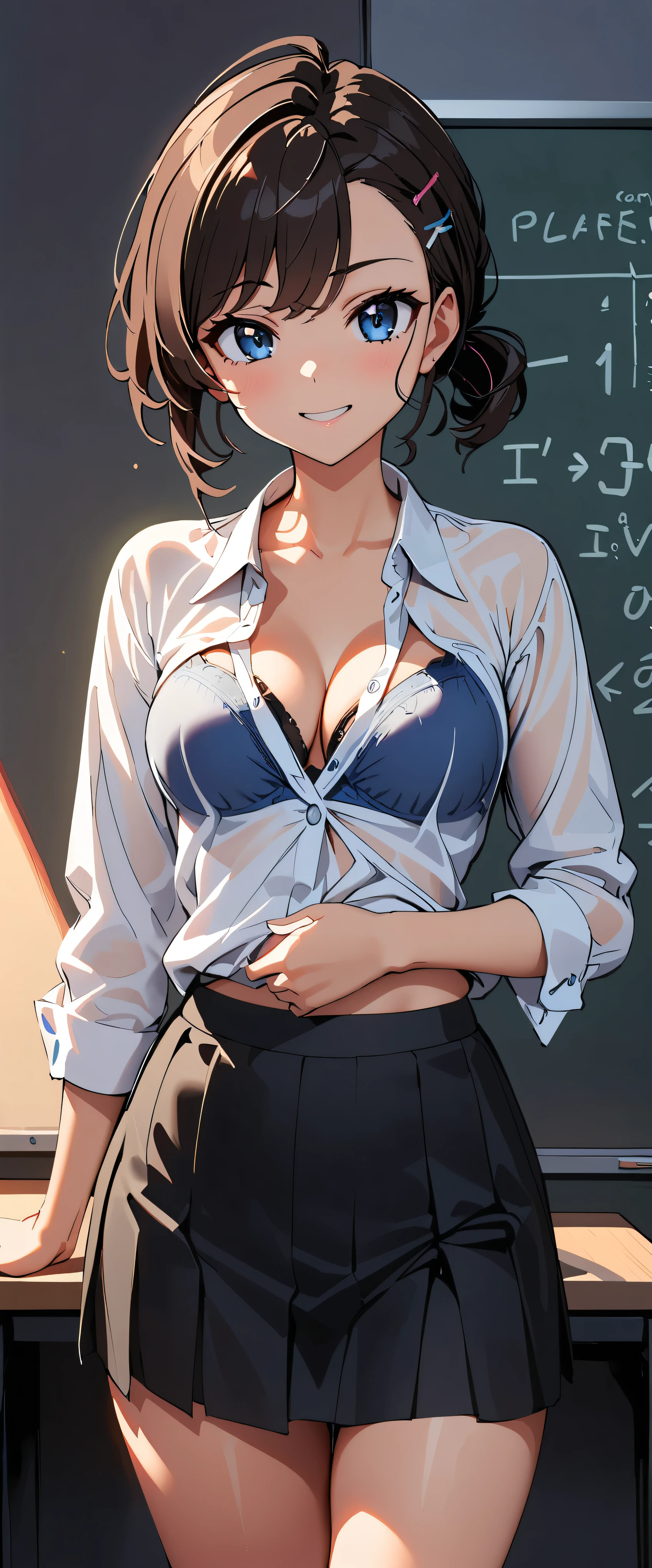 ( for one woman with a horse tail:1.2,  very detailed, up to date, Vibrant,  super high definition,  high contrast , masterpiece:1.2,  for one woman with a horse tail, Best aesthetics), Beautiful female teacher, sexy,  Business Suits, No tie, Tight skirt, I can see your beautiful thighs, Best Body Line,  beautiful detailed eyes, A professional and confident smile,  detailed facial features, Elegant hairstyle, textbook, Equation Whiteboard, Encouraging words on the wall, A clean and tidy desk, Bonds of Love, Adorable,(Her clothes are see-through and her bra is visible)