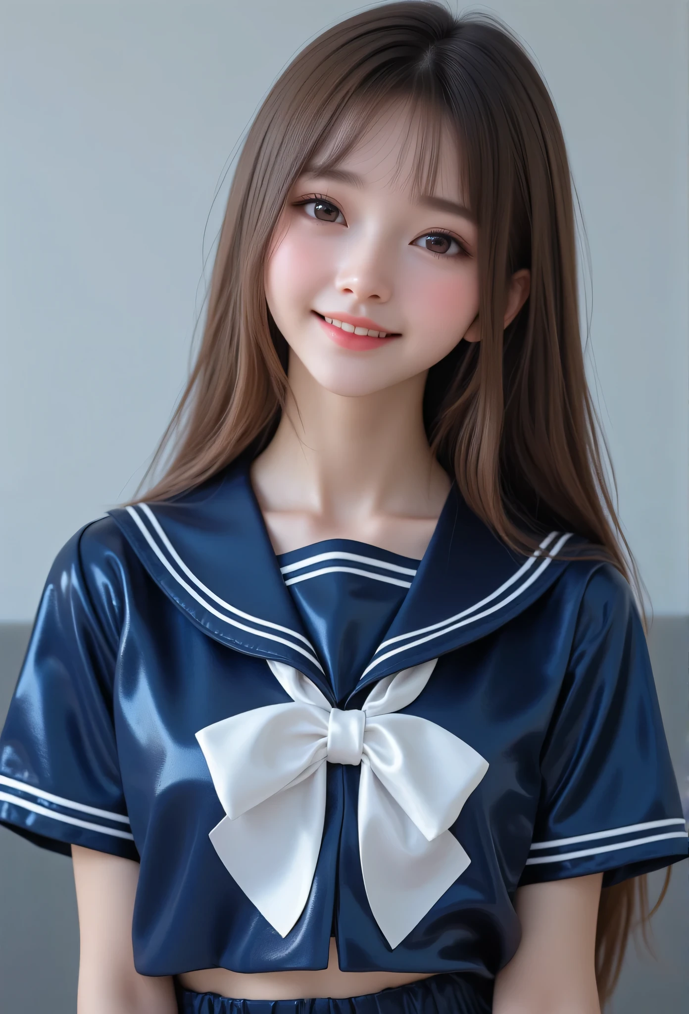 (super cute young face:1.3),(sparkling clear attractive large glowing eyes:1.5), (japanese idol face:1.5),very beautiful cute girl,(:1.4),(fifteen yuisite smooth and silky long brown straight hair,fair skin,(happy cheerful smile),professional portrait,(super shiny metallic dark blue sailor high-school uniform :1.3),pearl white school blouse,(white bow tie:1),(super shiny metallic dark blue pleated mini skirt :1.1),happy cheerful smile,body shot,very thin natural makeup