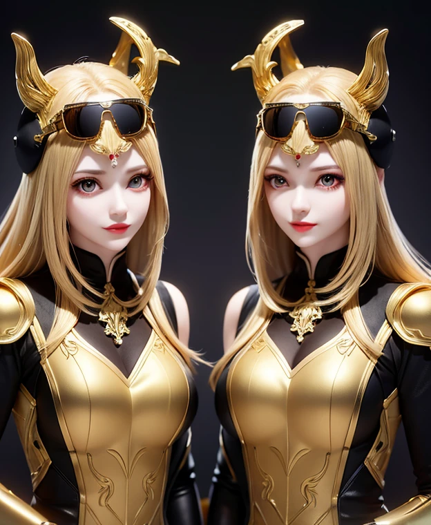 A twins female's gold monsters, gold monsters suit, as she's monsters , full body , red eyes, helmet mask, high detailed, realistic, gloves, ultra realistic, ((full face helmet)), black shield sunglasses on eyes, smart black sunglasses ((red eyes)) white hair, ((as twins sisters womans)),