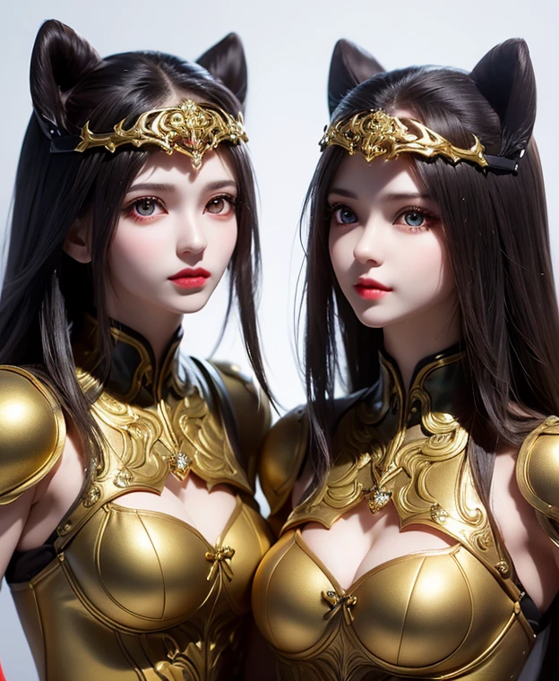 A twins female's gold monsters, gold monsters suit, as she's monsters , full body , red eyes, helmet mask, high detailed, realistic, gloves, ultra realistic, ((full face helmet)), black shield sunglasses on eyes, smart black sunglasses ((red eyes)) white hair, ((as twins sisters womans)),