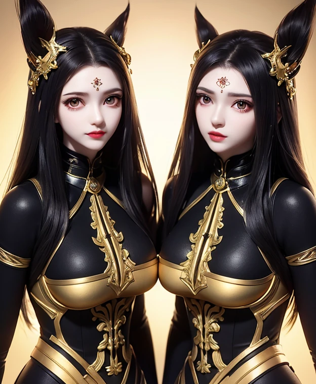 A twins female's gold monsters, gold monsters suit, as she's monsters , full body , red eyes, helmet mask, high detailed, realistic, gloves, ultra realistic, ((full face helmet)), black shield sunglasses on eyes, smart black sunglasses ((red eyes)) white hair, ((as twins sisters womans)),