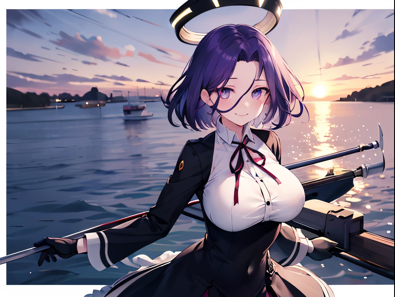 masterpiece, best quality, highres, mechanical halo, (big_breasts:1.2), black dress, neck ribbon, long sleeves, black gloves, outdoors, cowboy shot, standing, holding weapon, polearm,smile,,harbor_town_landscape,purple_halfeyes,(scornful eyes:1.4)