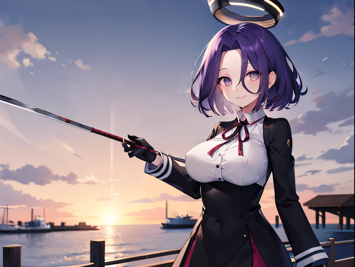 masterpiece, best quality, highres, mechanical halo, (big_breasts:1.2), black dress, neck ribbon, long sleeves, black gloves, outdoors, cowboy shot, standing, holding weapon, polearm,smile,,harbor_town_landscape,purple_halfeyes,(scornful eyes:1.4)