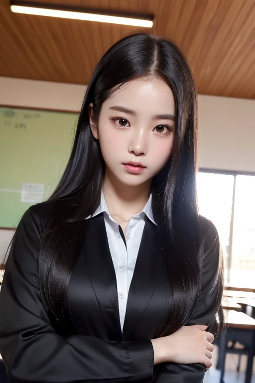 masterpiece, Best Quality, 8k, Ultra-dense skin,  perfect anatomy, upper body, cute, 1 girl,Full body zoom,Kim Chaewon,Jet black hair, straight hair, oily, shiny skin, smooth skin, watch viewers,Sharp focus,Focus,classroom,uniform,Brown blouse, loose shirt,She&#39;s lifting up her skirt,Panty shot, tight body,Expose,18 years old,A seductive smile,double eyelid,Fine grain, excited , Sexy Poses , Erotic ,