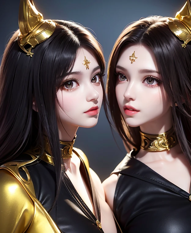 A twins female's gold monsters, gold monsters suit, as she's monsters , full body , red eyes, helmet mask, high detailed, realistic, gloves, ultra realistic, ((full face helmet)), black shield sunglasses on eyes, smart black sunglasses ((red eyes)) white hair, ((as twins sisters womans)),