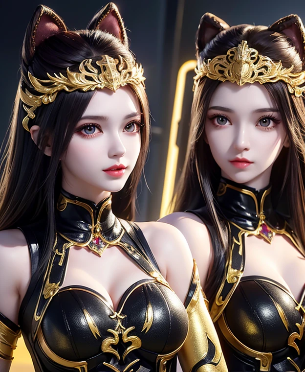 A twins female's gold monsters, gold monsters suit, as she's monsters , full body , red eyes, helmet mask, high detailed, realistic, gloves, ultra realistic, ((full face helmet)), black shield sunglasses on eyes, smart black sunglasses ((red eyes)) white hair, ((as twins sisters womans)),